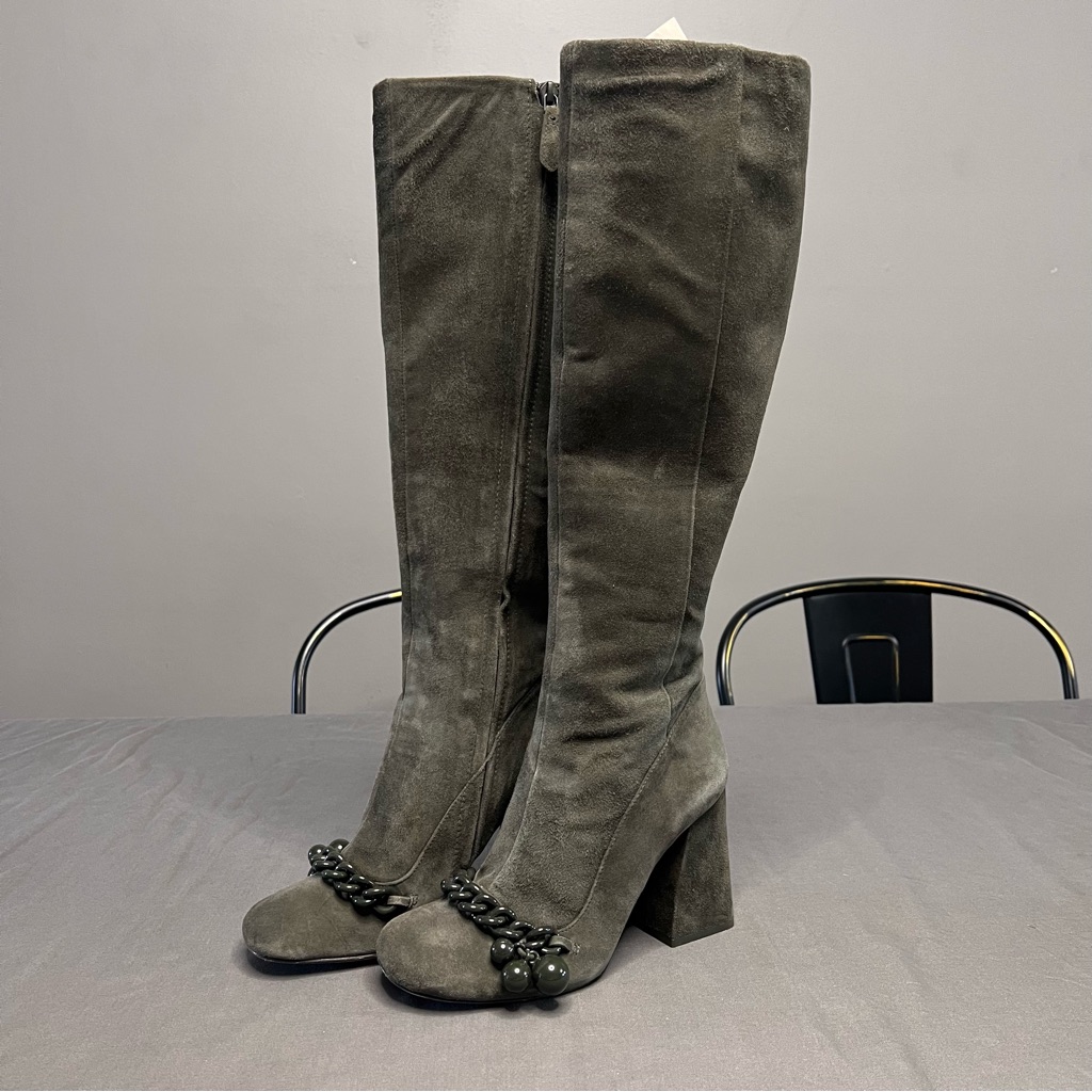 Women's Knee-High Suede Block Heel Boots In Dark Olive